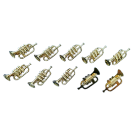 10 Stück Brosche Emblem Anhänger "Trompete" 28,5 x 13 x 7,8 x 0,80mm Nadel Guß goldfarben - BRTROMPETE1