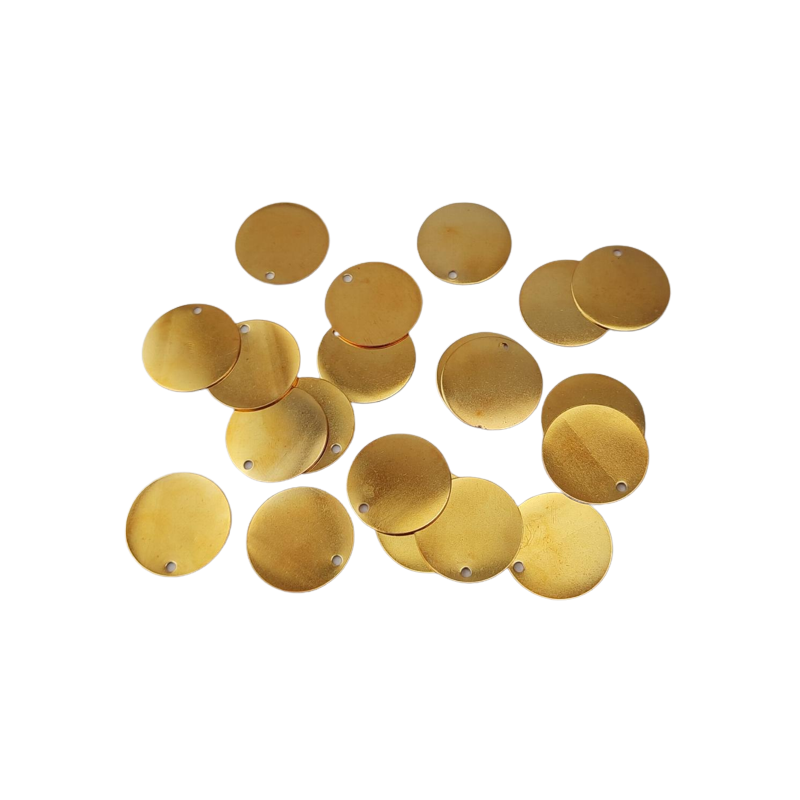 20 Stück Platten rund 1x Loch oben 20 x 0,4mm Loch Tombak gebeizt goldfarbig- PL2004TBGB